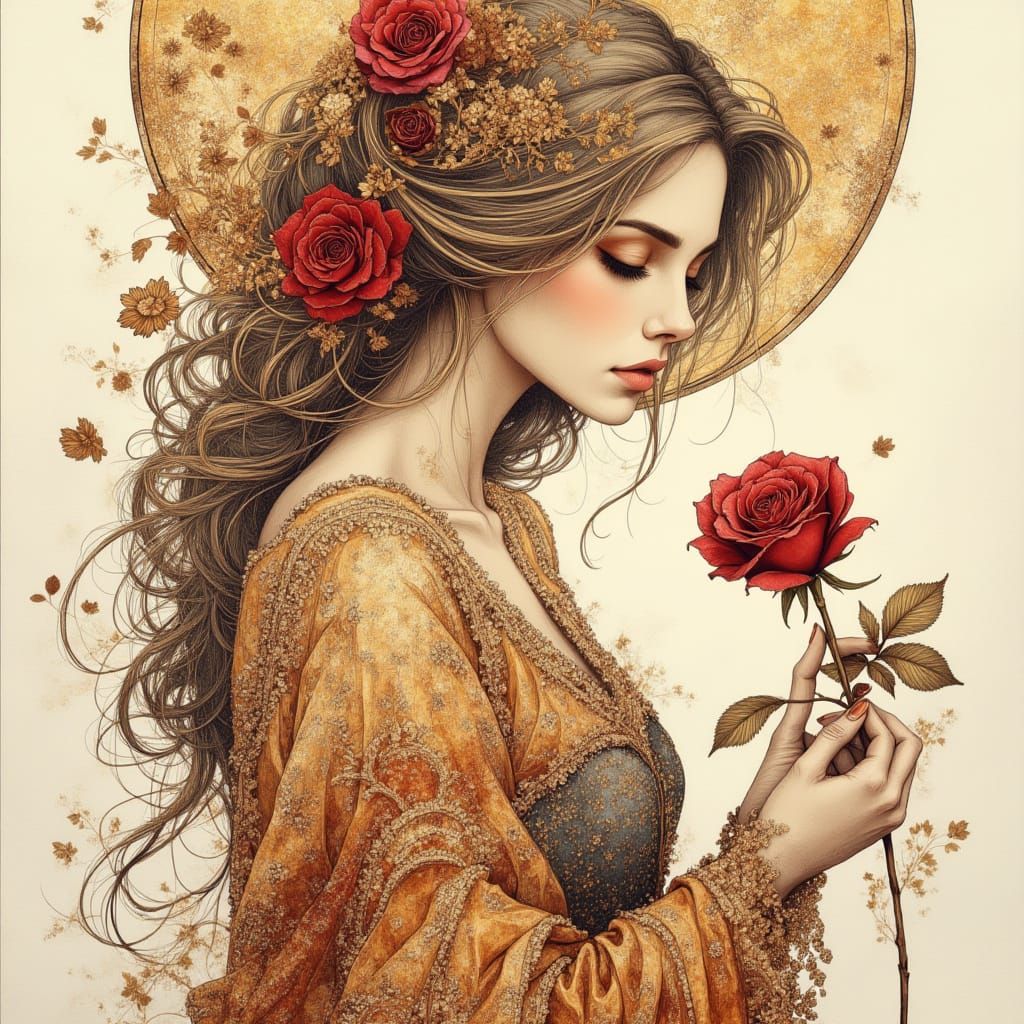 Belle Holding a Rose in Pen and Ink