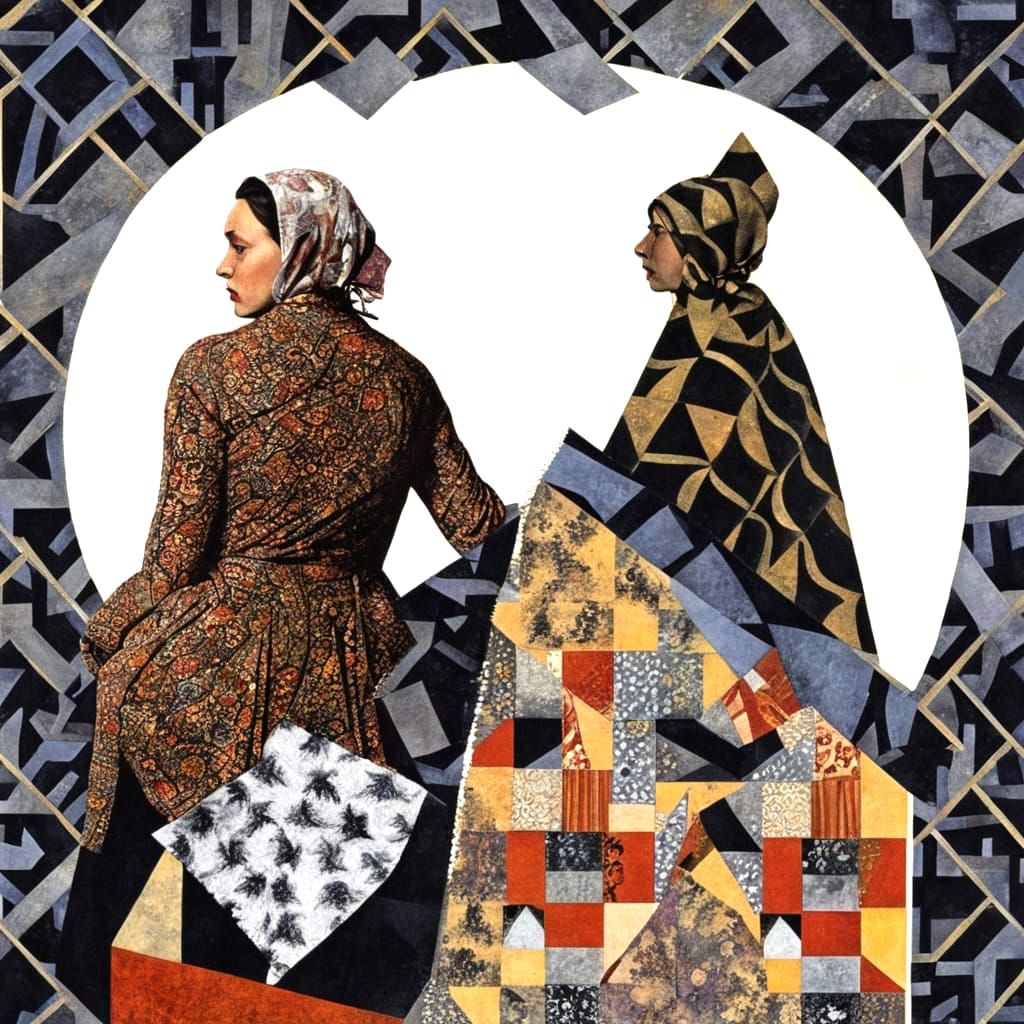 Geometric Crazy Quilt Figures in Film Noir Style