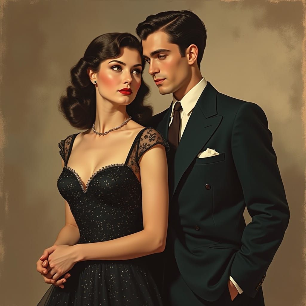 Classic Hollywood Couple in Sophisticated 1940s Attire