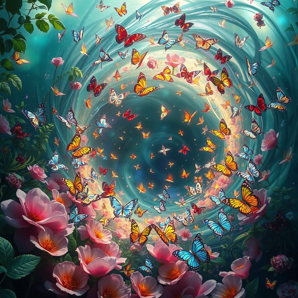 Whirlpool of Iridescent Butterflies in Lush Foliage