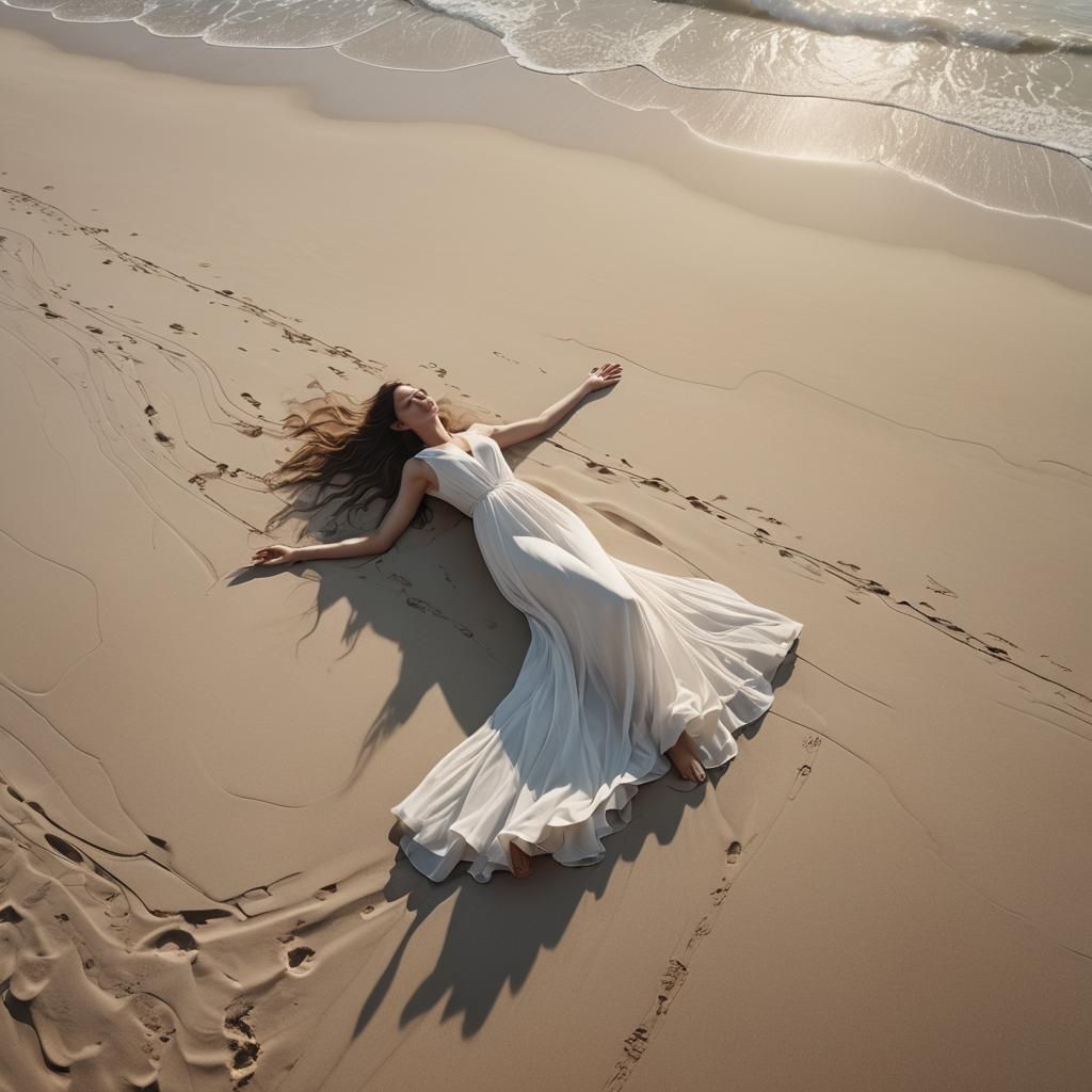 Dreamlike Beach Scene with Woman in White Dress