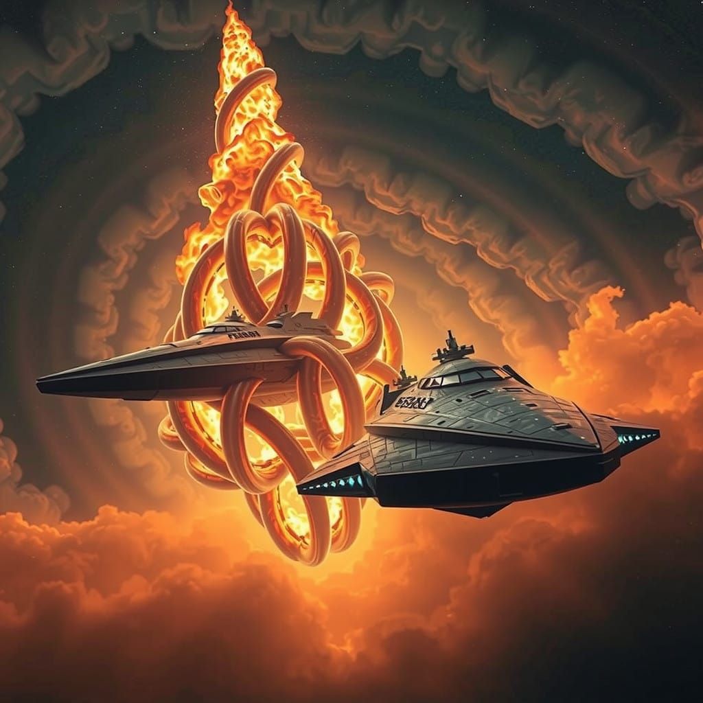 Cosmic Vessels Emerge from Fiery Portal in Industrial Futuri...