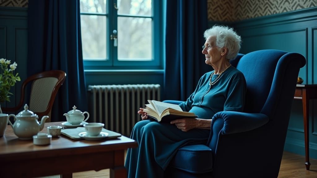 Elegant Aged Woman in Royal Blue Living Room