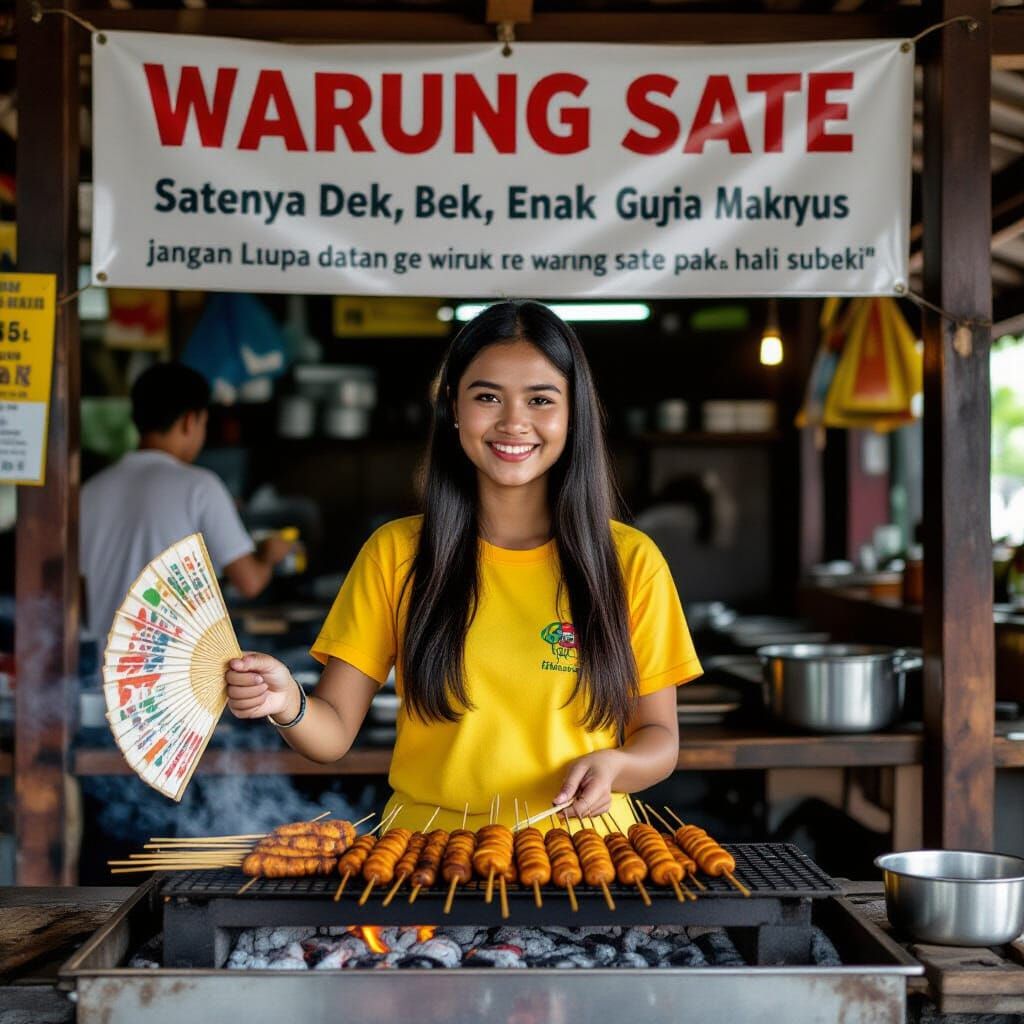 Indonesian Girl Grilling Satay at Warung Sate Madura