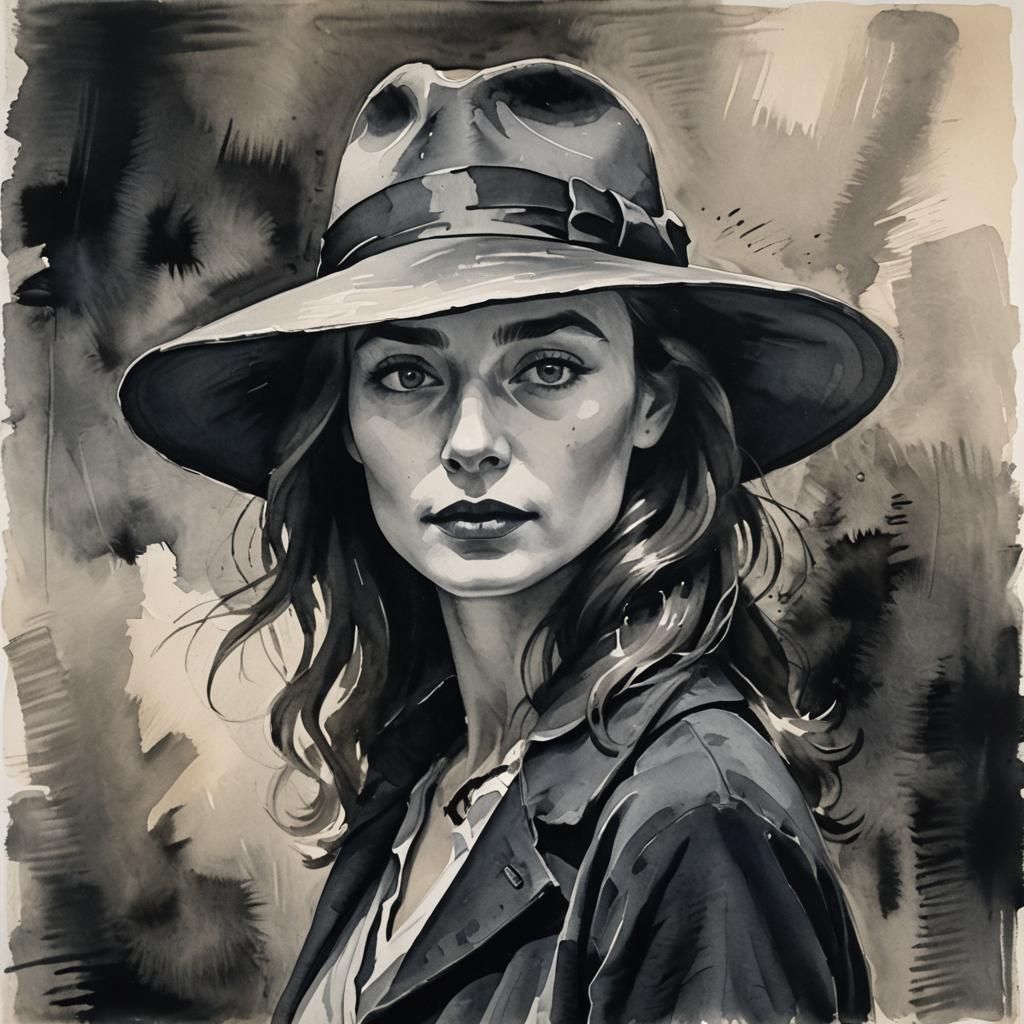 Mysterious Woman Portrait in Gouache and Watercolor