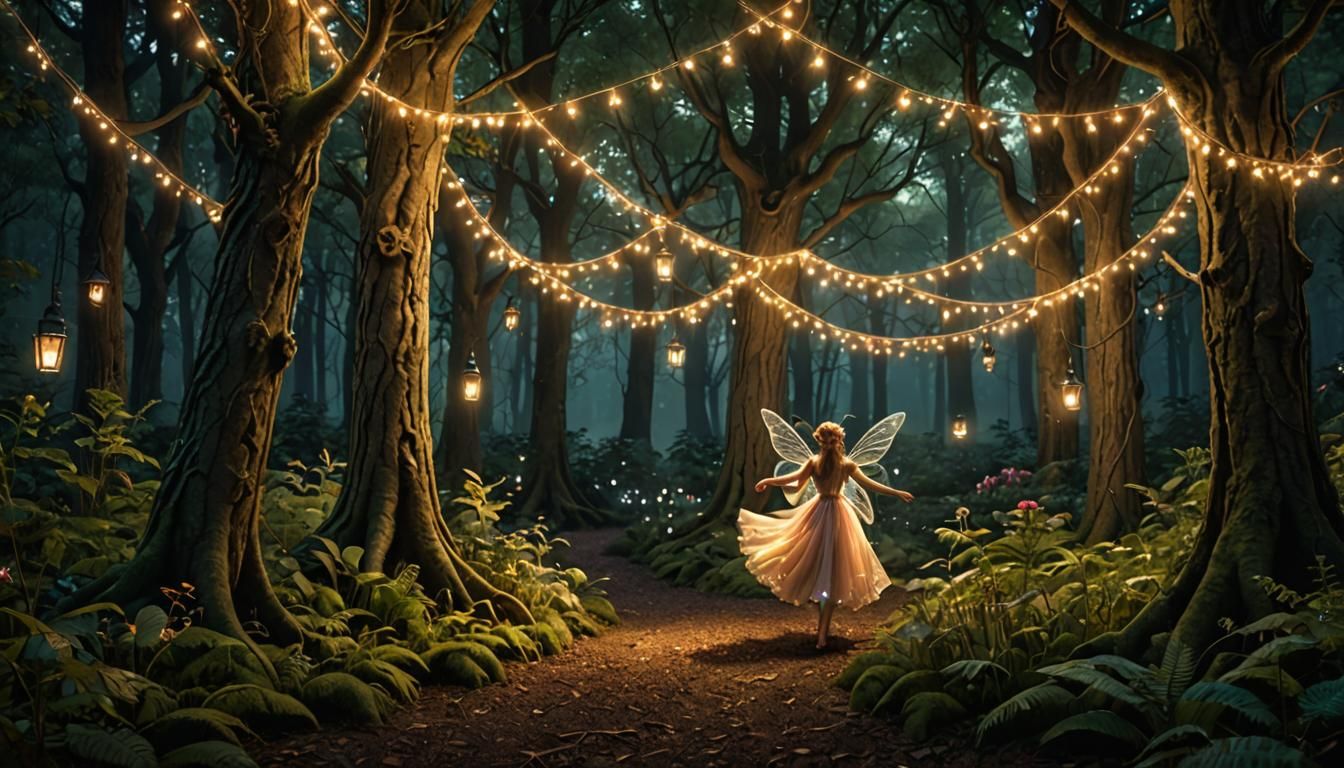 Enchanted Forest with Dancing Lights: Dark Fantasy Concept