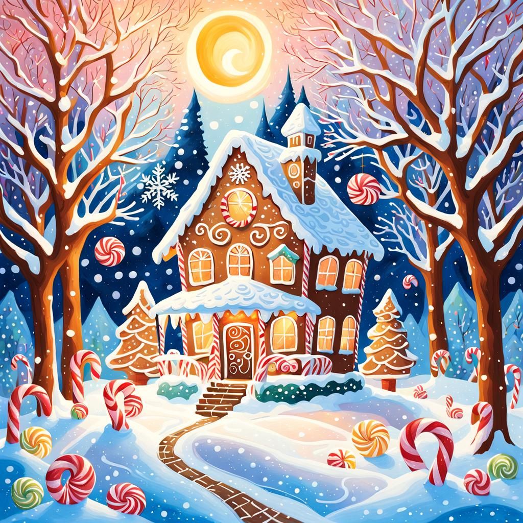 Gingerbread House in Winter Wonderland, Gouache Painting