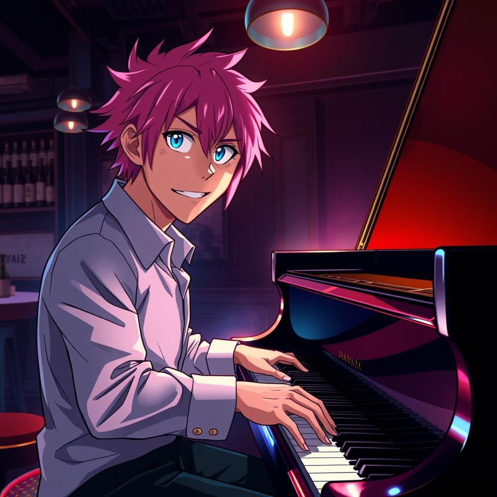 Elegant Gentleman Plays Piano in a Dimly Lit Bar with Anime-...