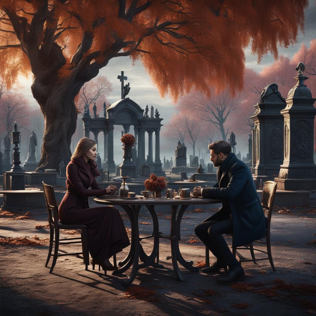 French Cafe Cemetery Scene: Detailed Matte Painting