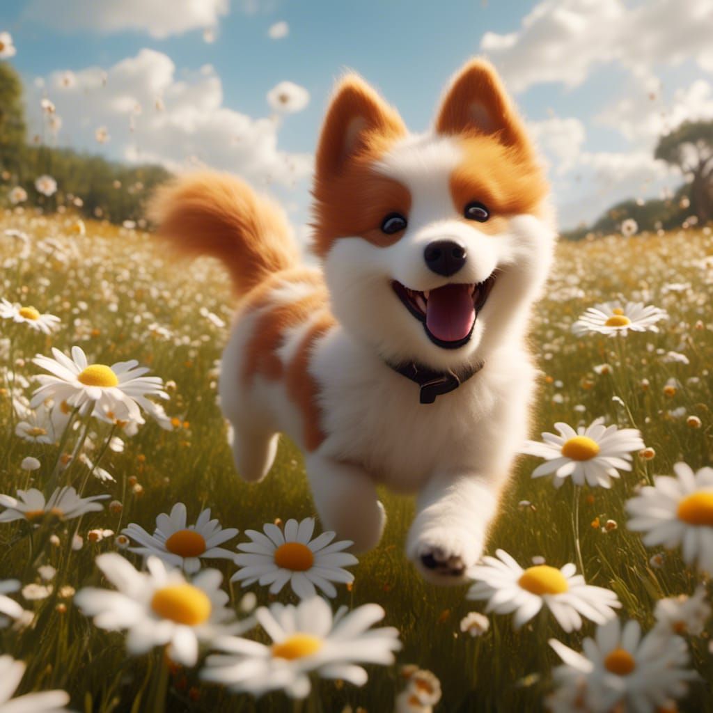Ginger Puppy Runs Through Sunny Daisy Field