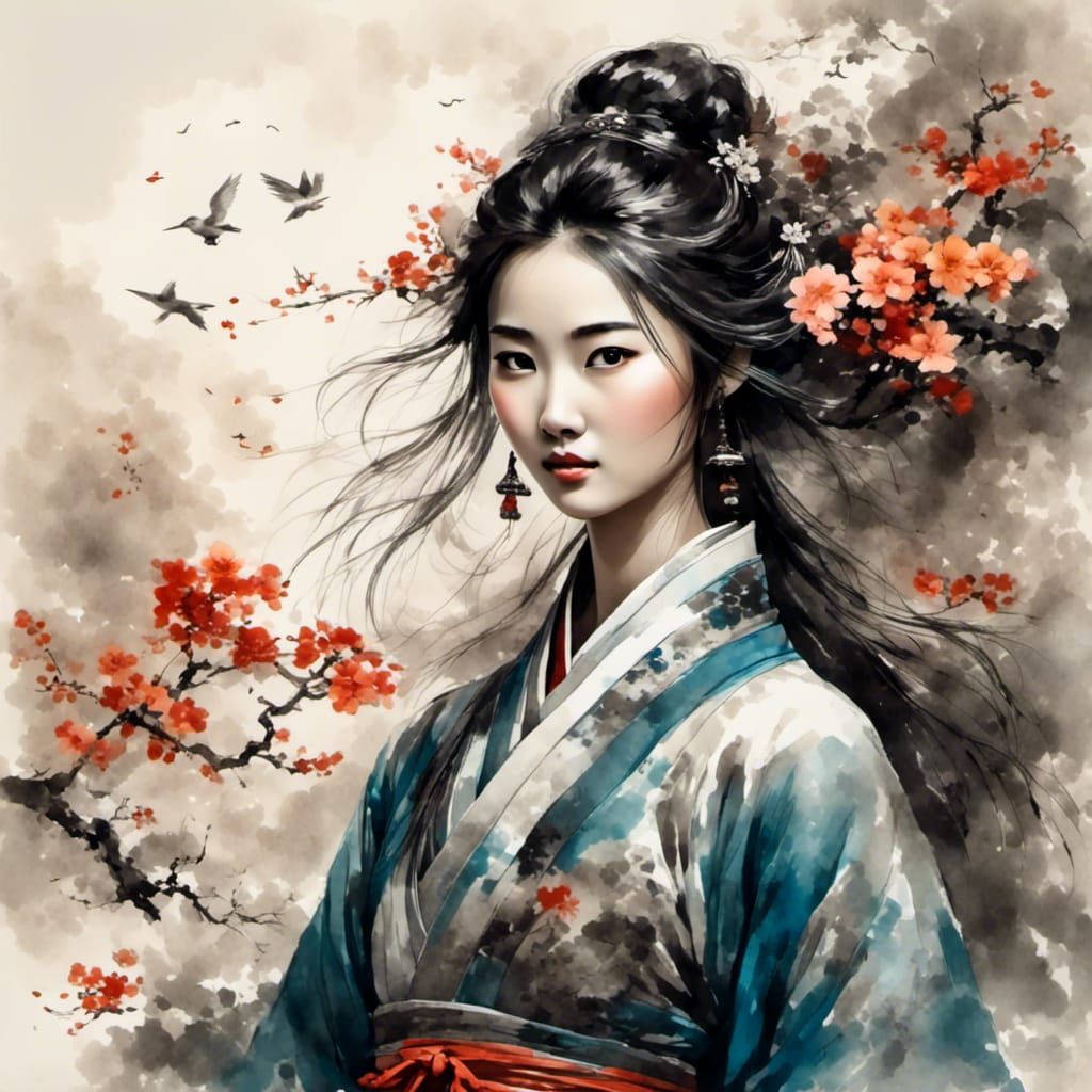 Chinese Ink Painting of a Beautiful Woman