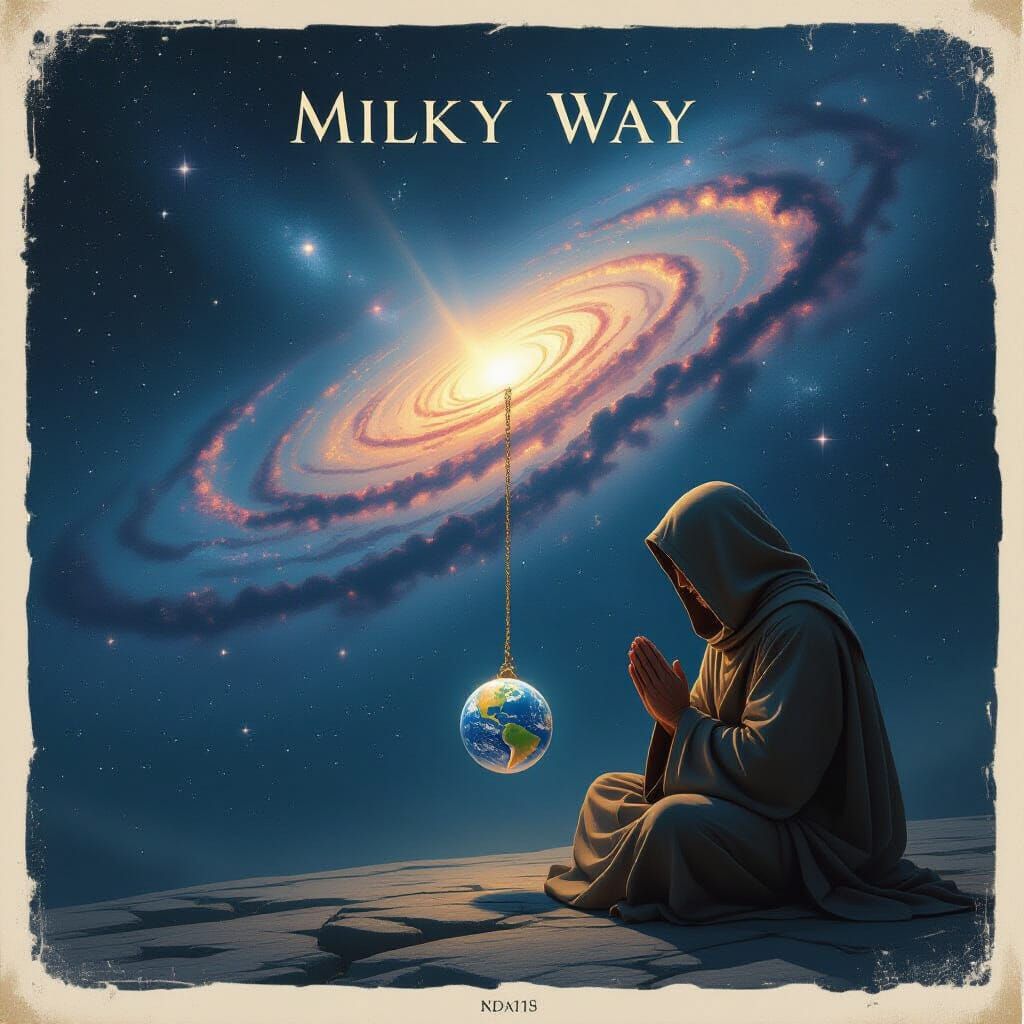Monk Praying Under Milky Way with Lifeless Earth