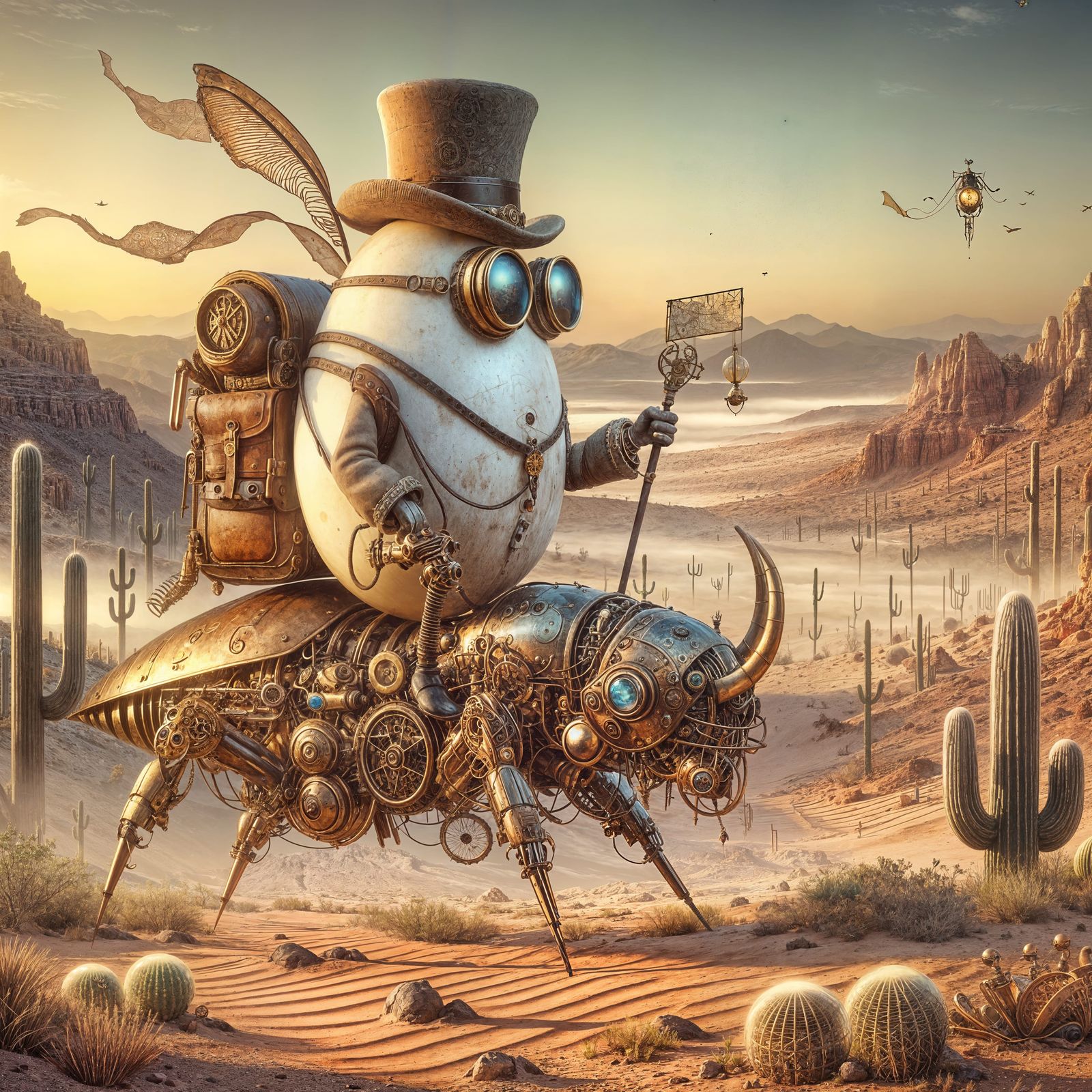 Steampunk Adventurer on Mechanical Scarab in Desert