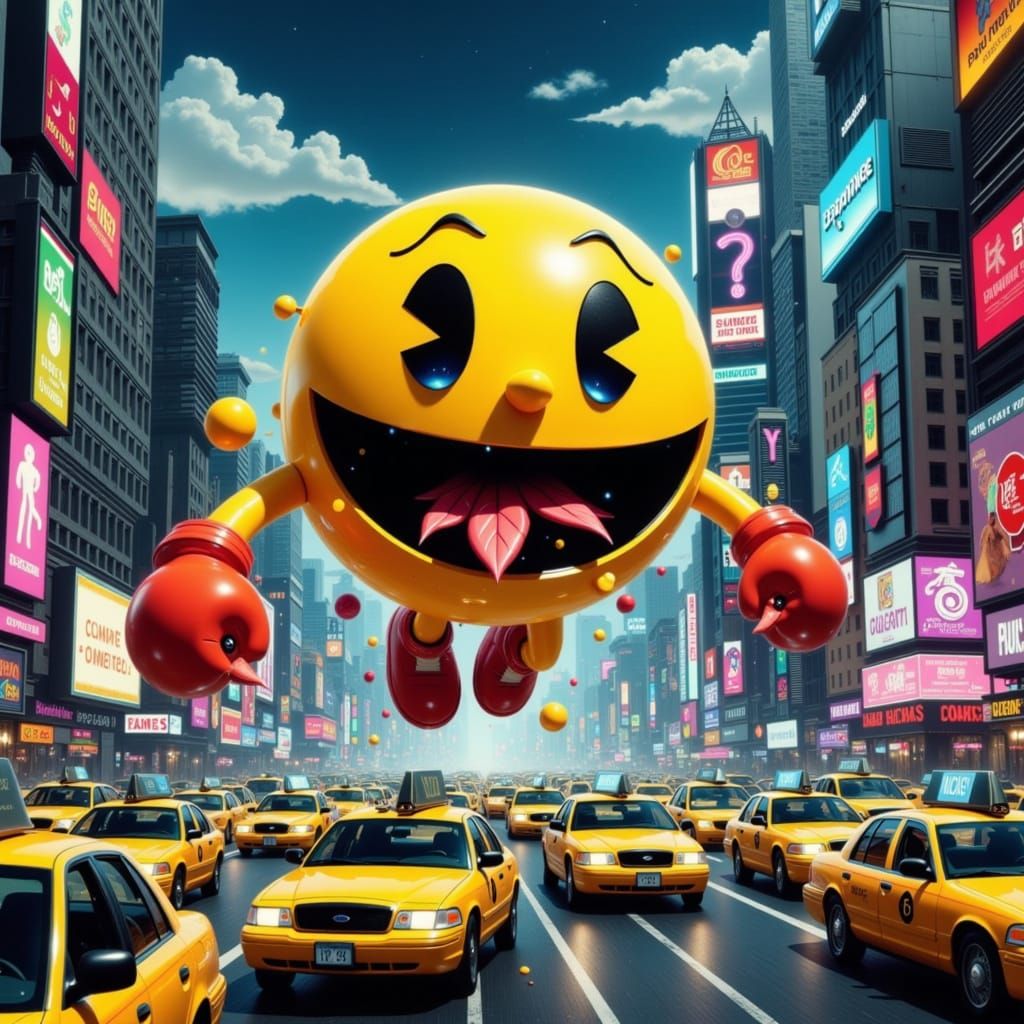 Gigantic Pac Man Devours Yellow Taxis in Neon-Lit New York C...