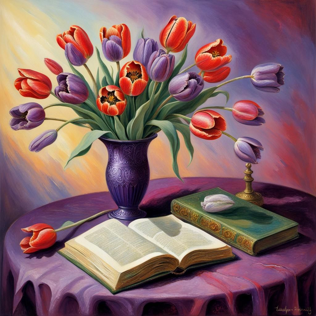 Pastel Tulips with Book Still Life