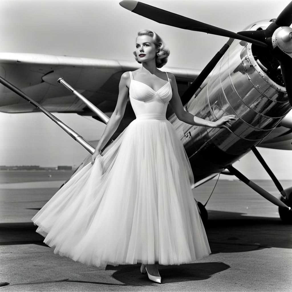 Photo npor et blanc Magnifique femme modèle blonde robe blanche avec tulle et effet vaporeux beau push bra 40DD devant u...