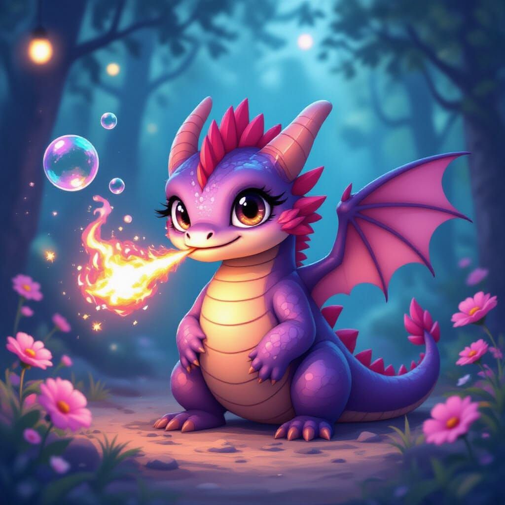 Baby Dragon's Glittery Fire in Whimsical Forest