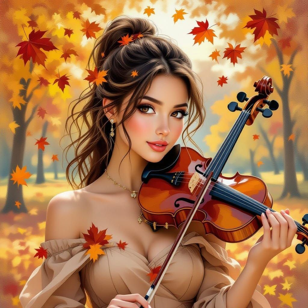 Girl with Violin in Autumn Park Neo-Impressionist Oil Painti...