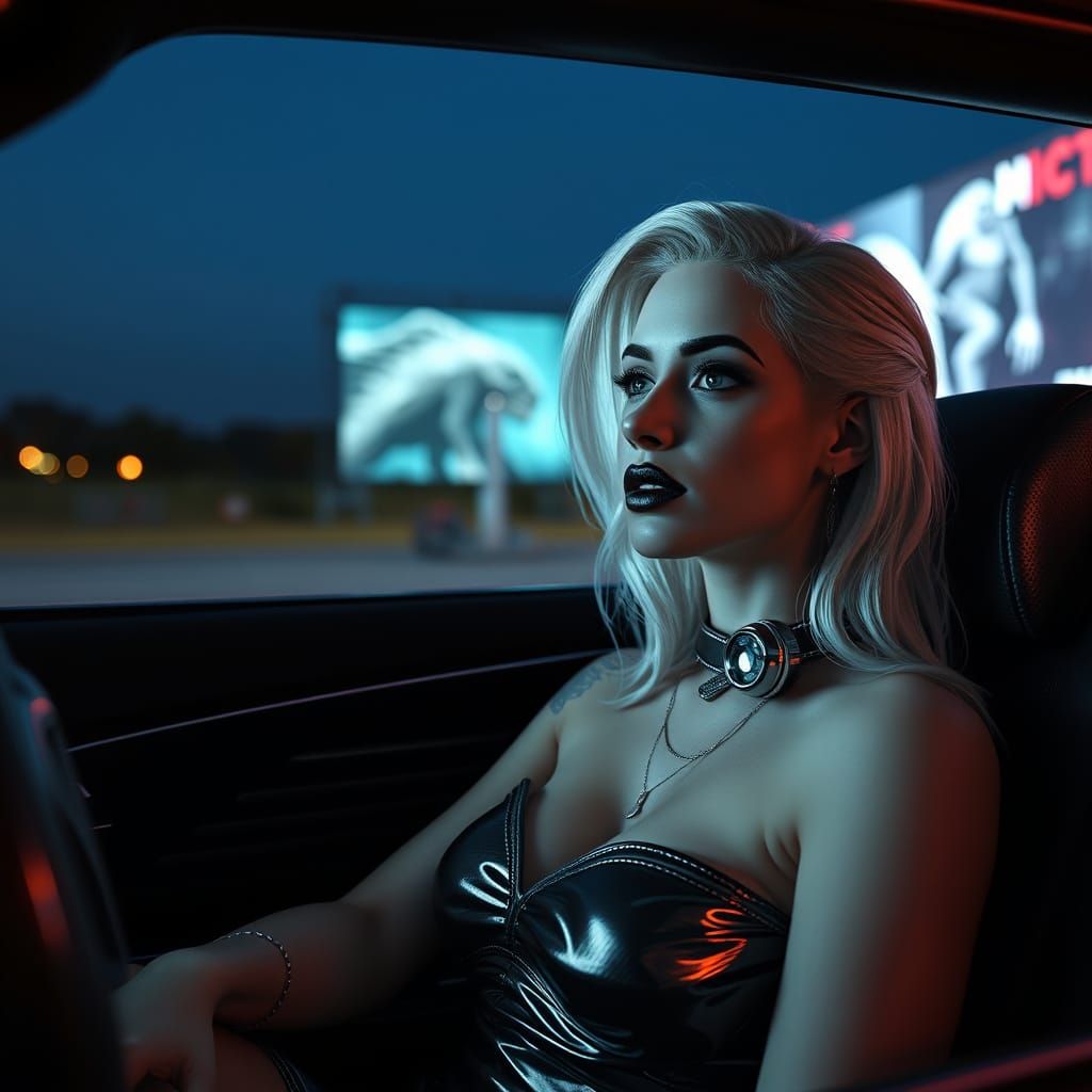 Woman at Drive-In Movie in Photorealistic Style