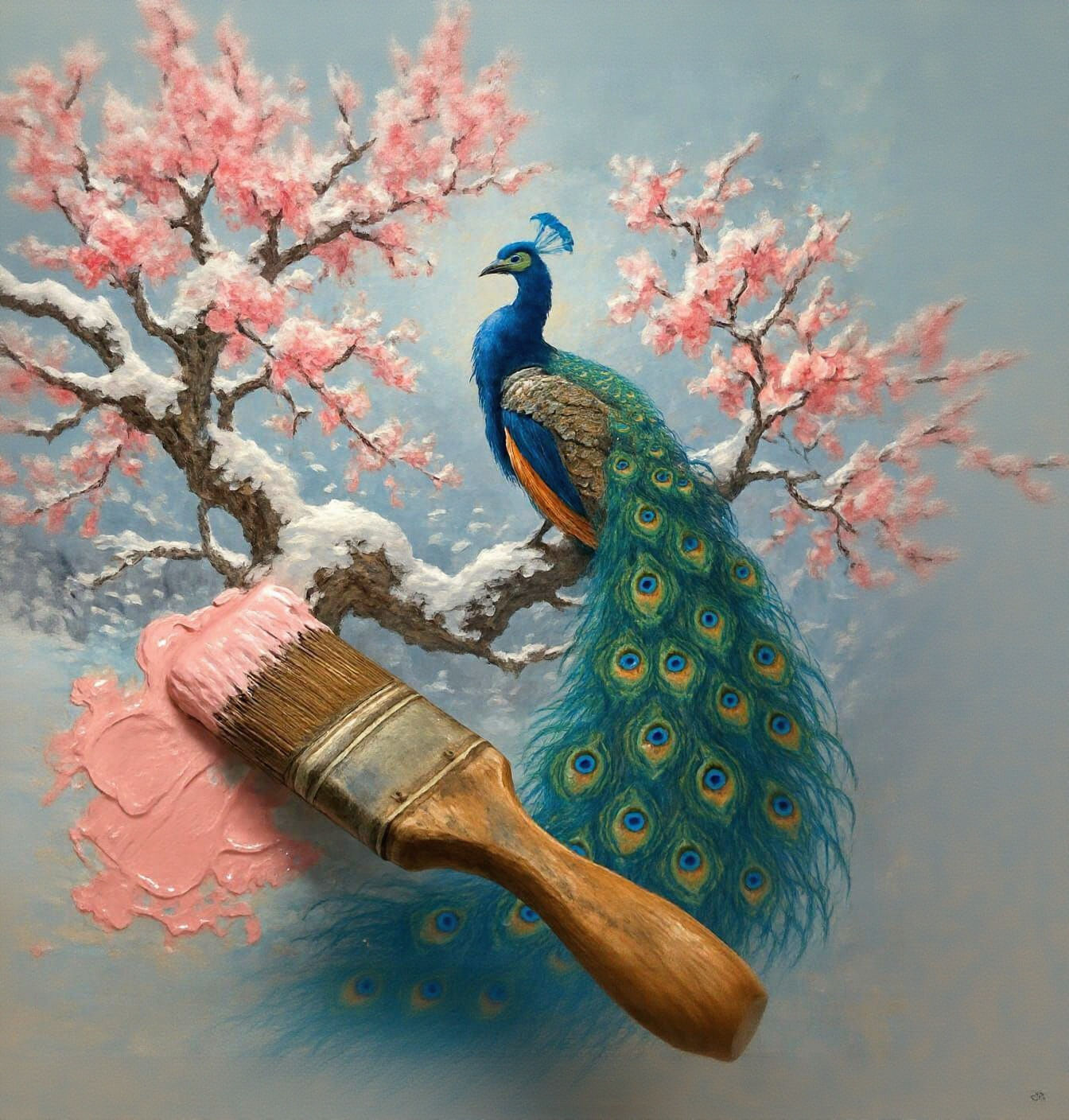 Peacock on Cherry Blossom Painted by Wooden Brush