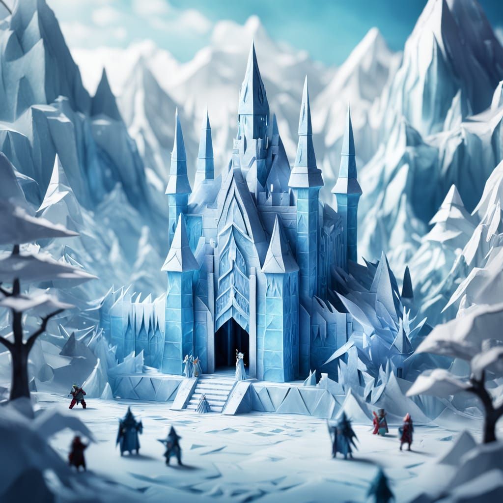 Fantasy Ice Citadel in Anime Origami Style