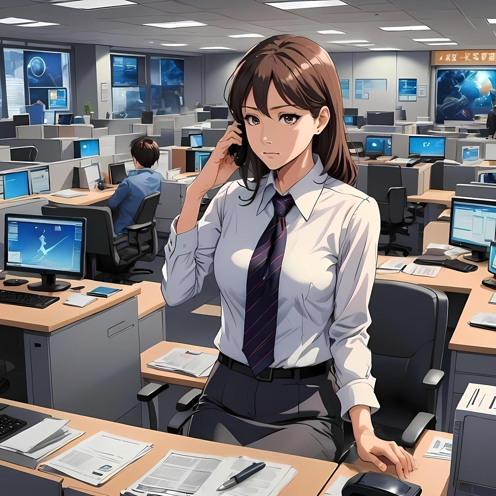 Anime News Anchor in Cubicle Concept Art