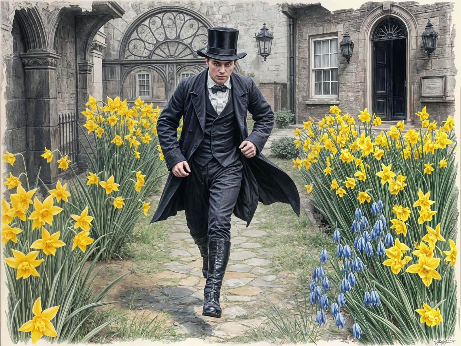 Dark Academia Garden Run: Pencil Sketch in Hyperdetail