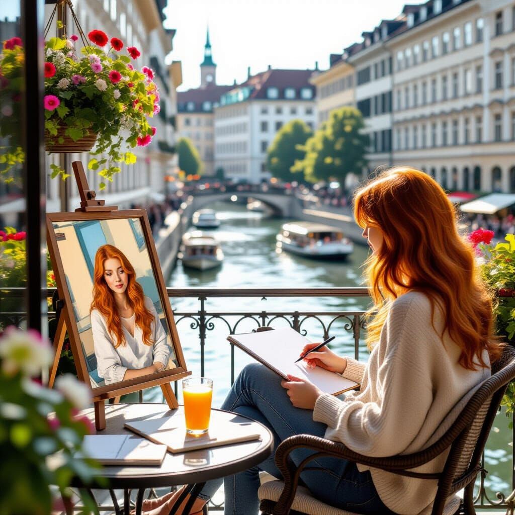 Red-Haired Woman Drawing Self-Portrait on Vienna Balcony