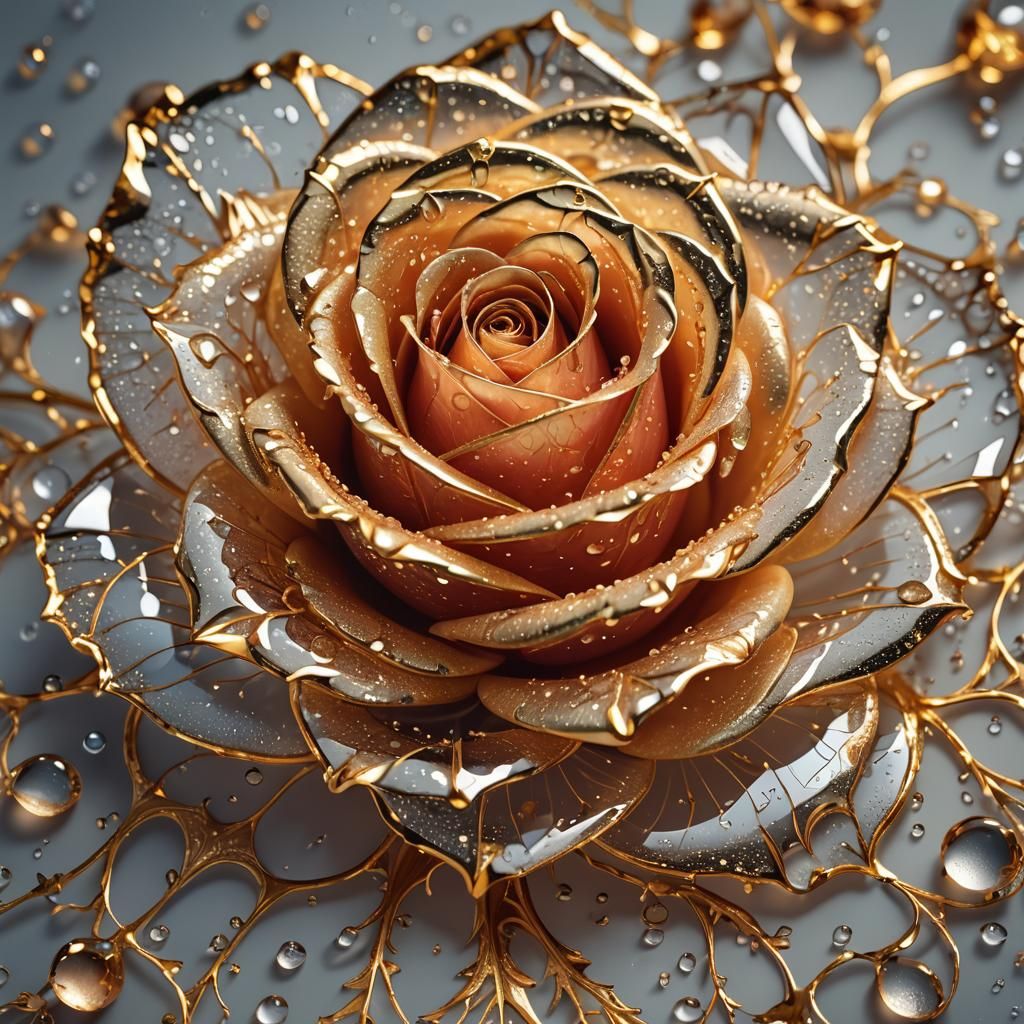 Glowing Rose with Transparent Petals and Gold Filigree