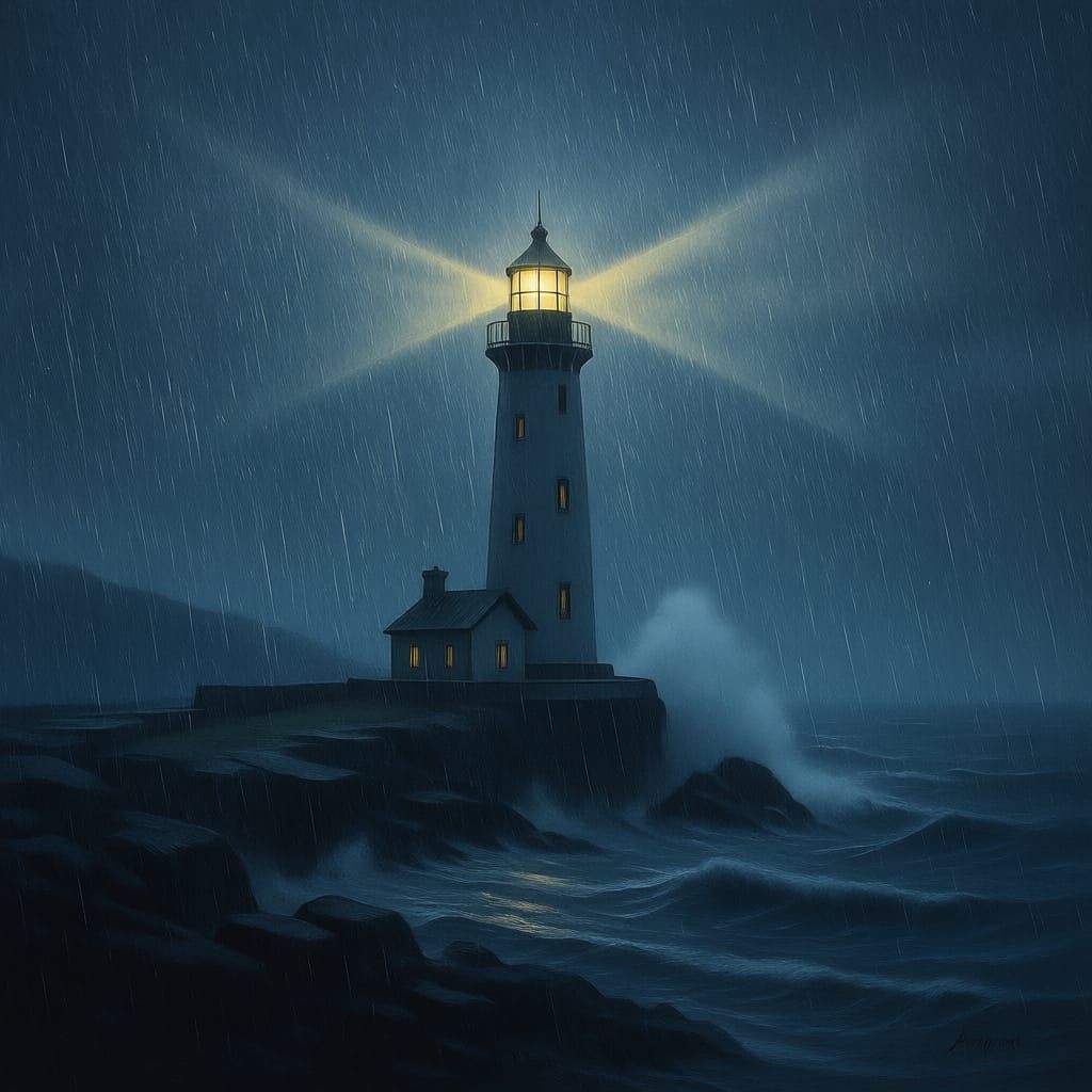 Lighthouse Beam Cuts Through Dense Fog and Rainstorm