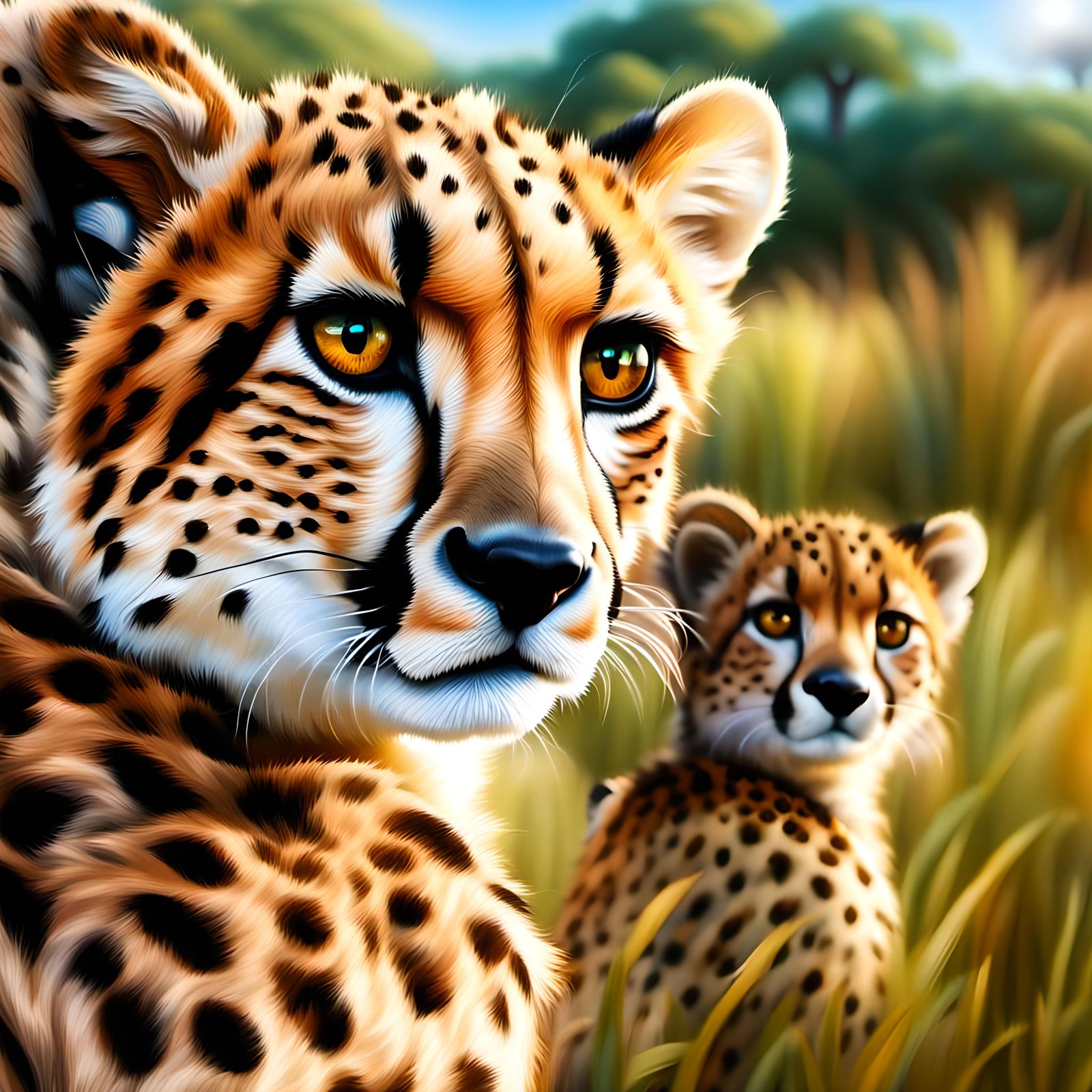 Hyperrealistic Cheetah Cubs in Colorful 3D Render
