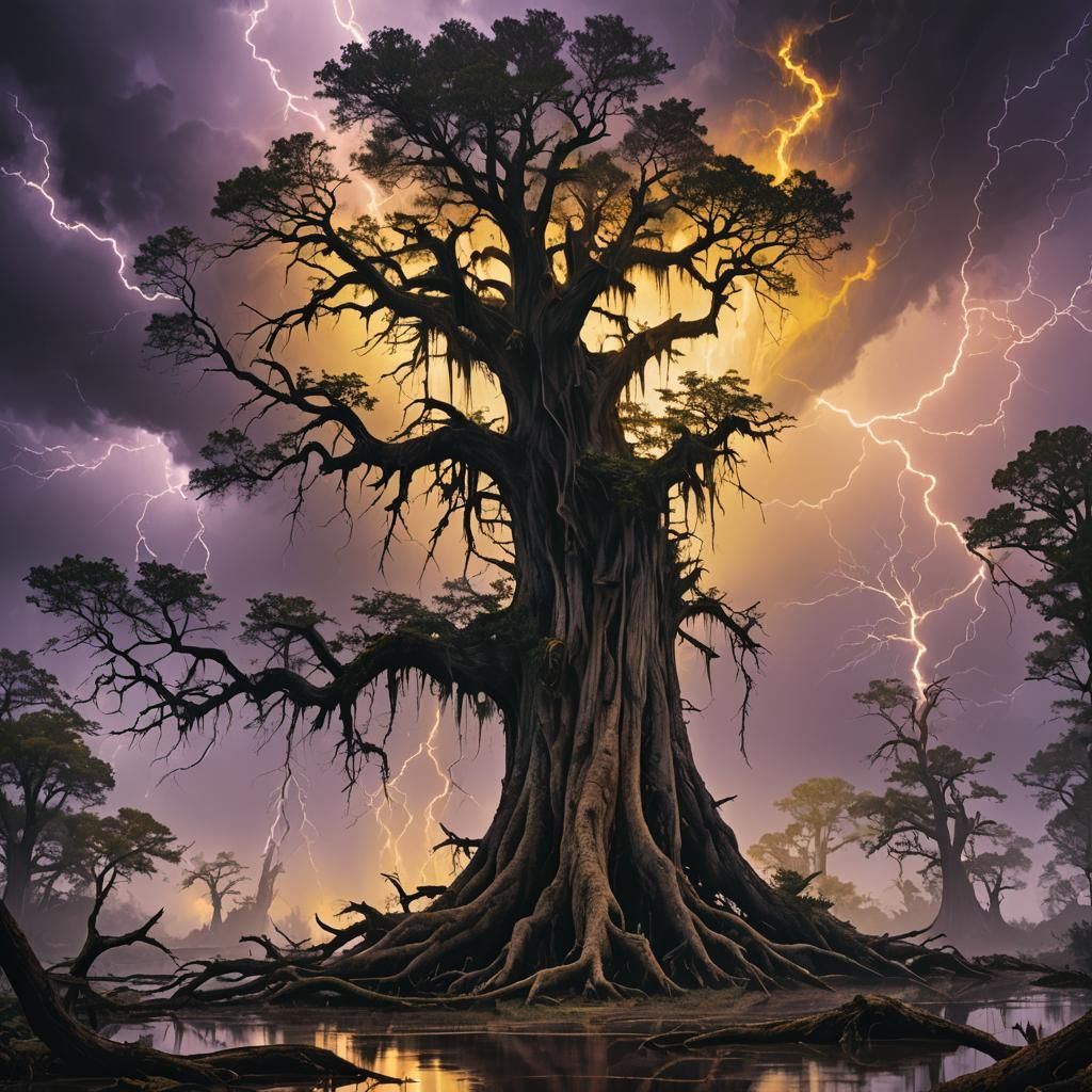 Cypress Tree Defies Hurricane in Dark Fantasy Art