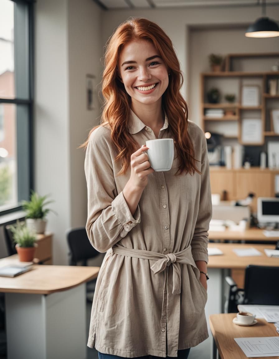 Young Woman Smiling with Coffee in Office Portrait