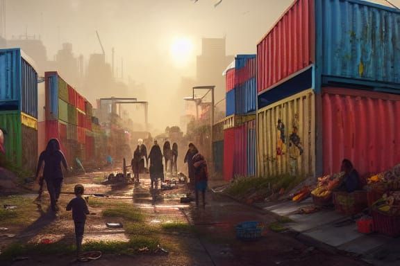 Thriving Post-Apocalyptic City Street in Dieselpunk Style