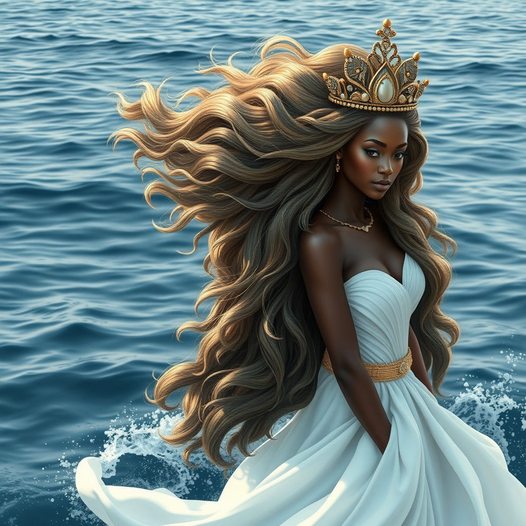 Majestic African Sea Goddess in Flowing Dress