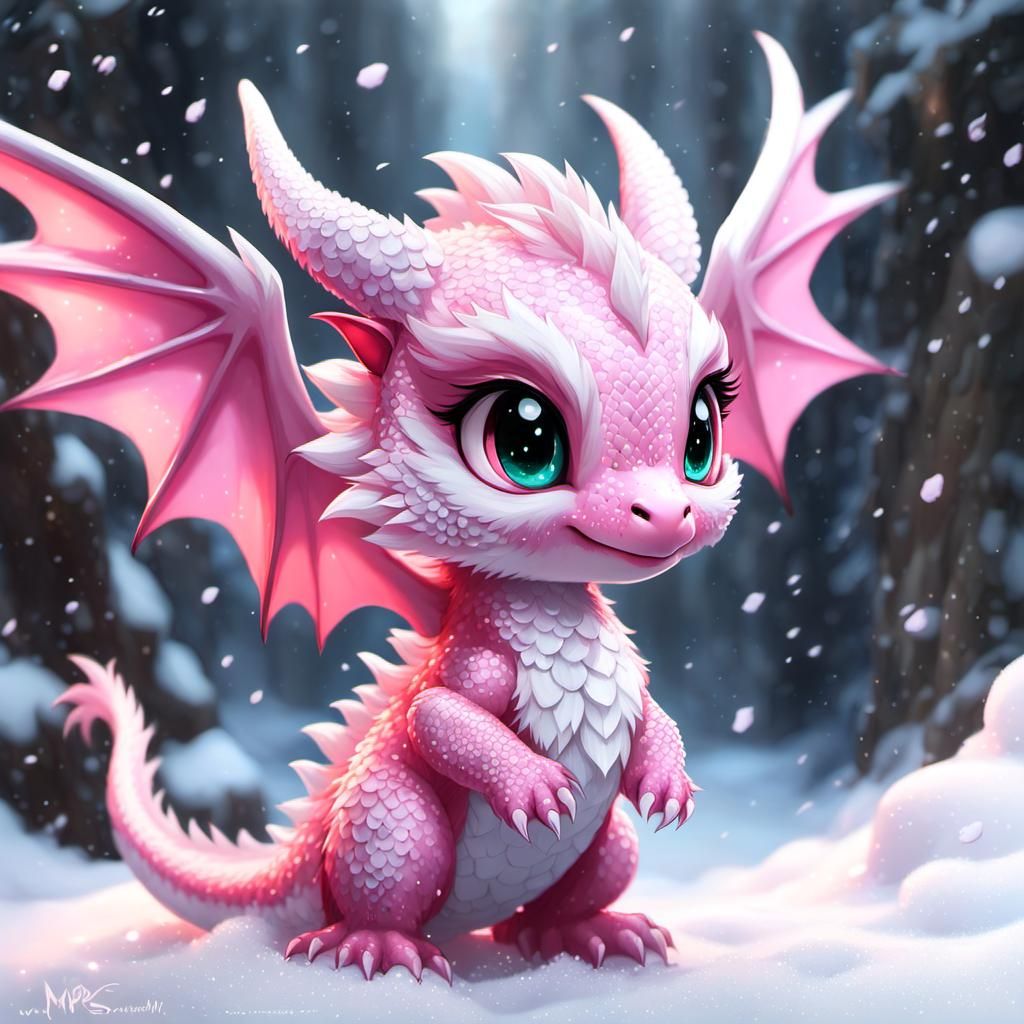 Pink Chibi Dragon Playing in Snow, Digital Art