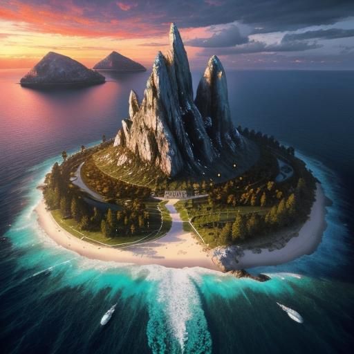 Floating Paradise Beach Island at Sunset