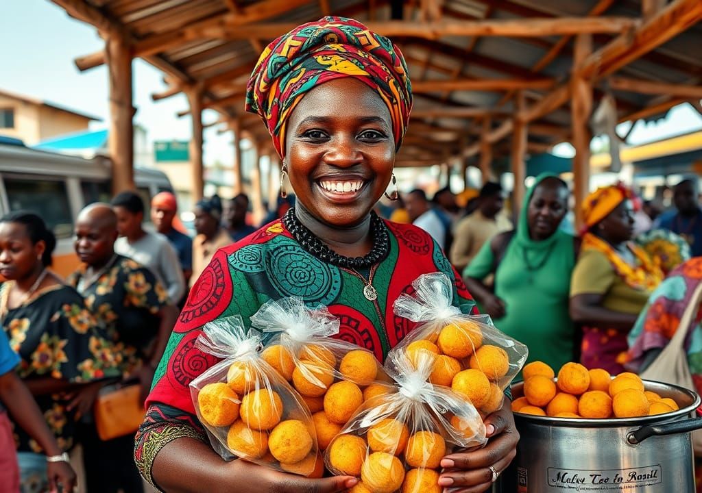 African Woman Selling Fatcakes in a Lively Market