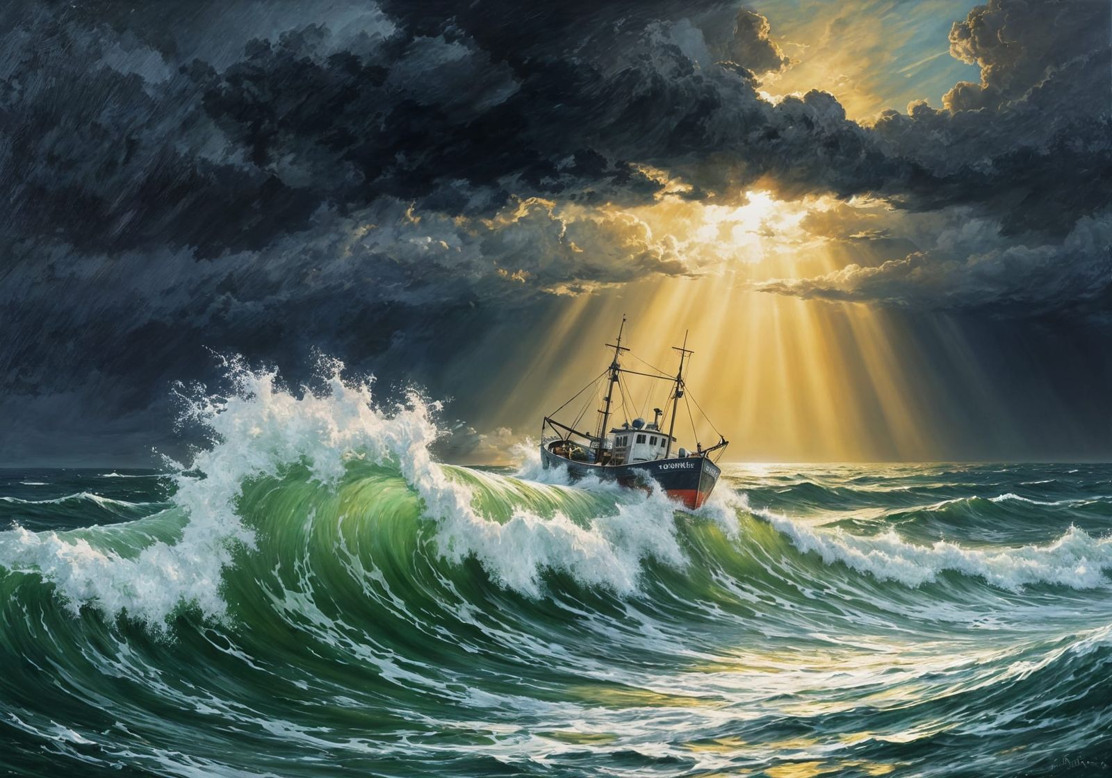 Stormy Seascape: Impasto Oil Painting of Trawler in Heavy Se...