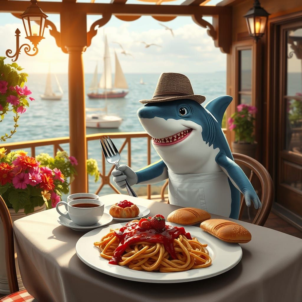 Fantastical Italian Breakfast Scene with Shark in Quaint Pat...