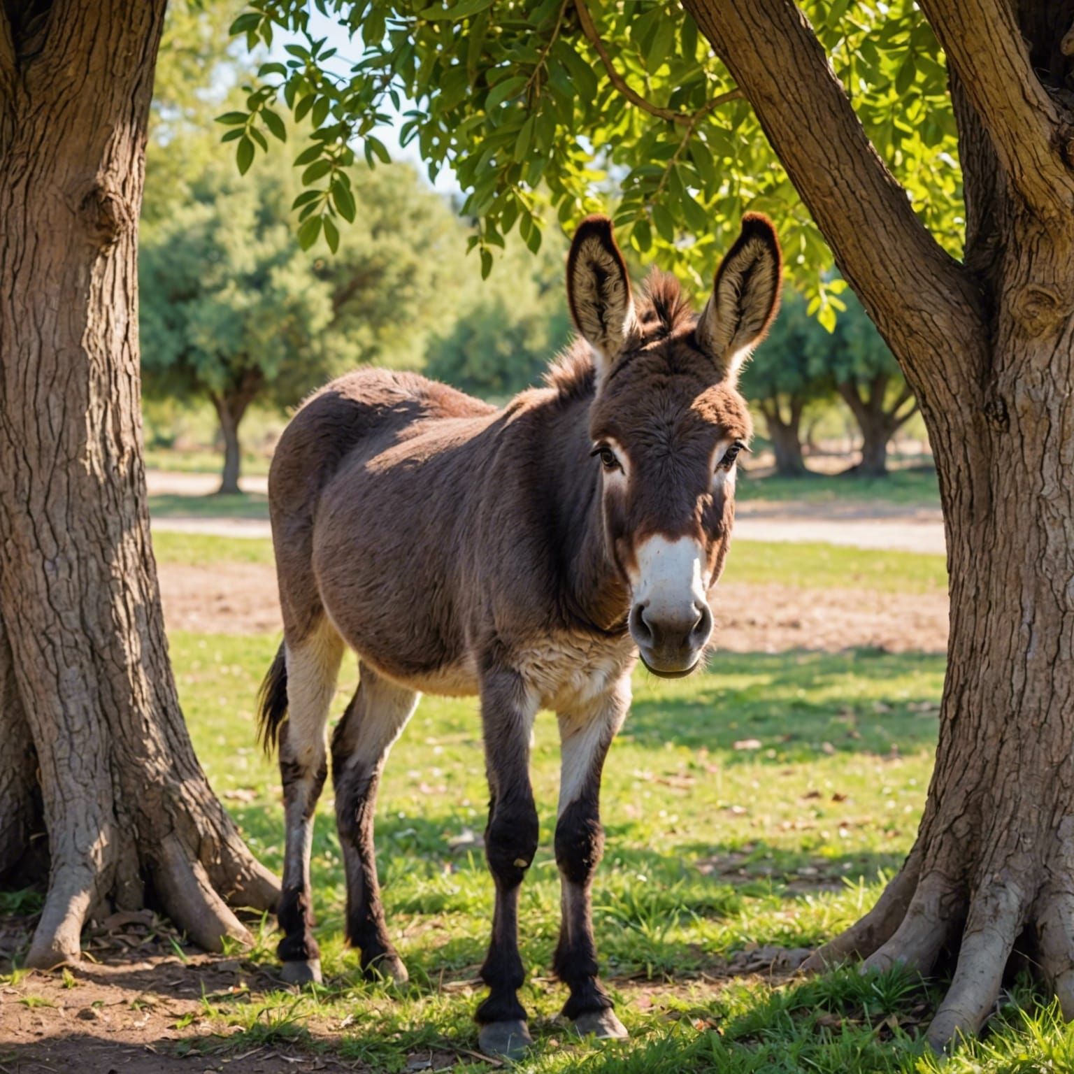 Donkey with Big Eyes Grazing Under a Tree