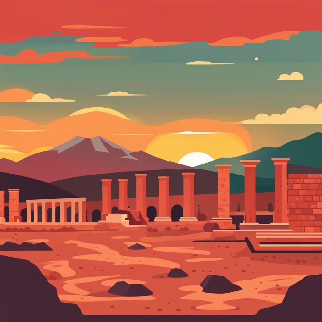 Pompeii Excavations Sunset in Vector Style