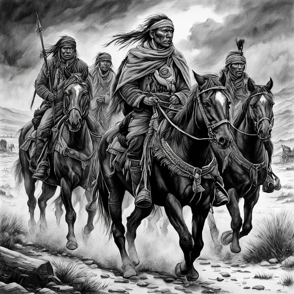 Indian Raiders Arriving Far West: Charcoal Drawing