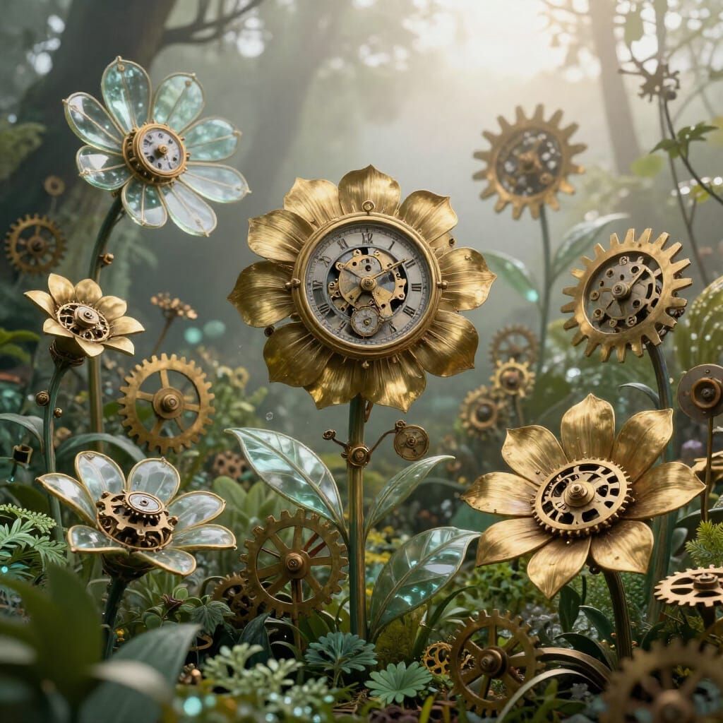 Clockwork Garden With Brass Flowers and Glass Leaves