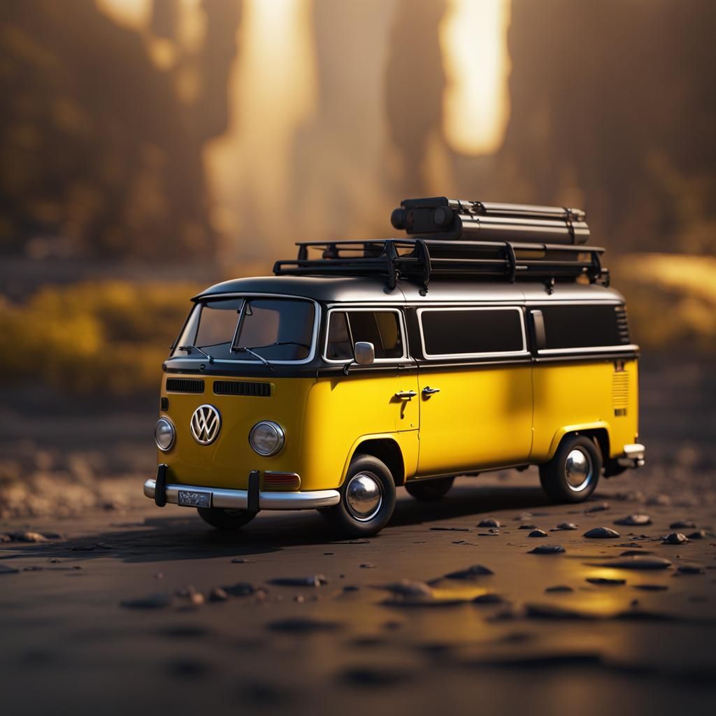 Detailed 3D Render of Black and Yellow VW Van