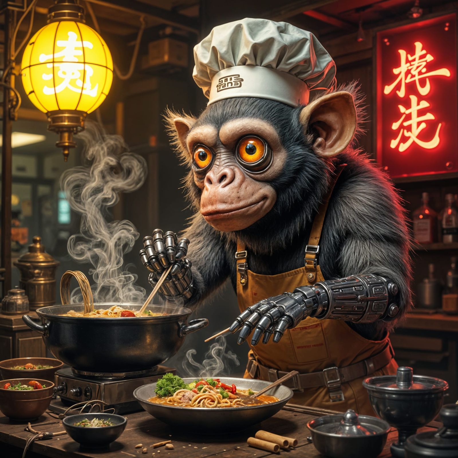 Cyberpunk Ramen Chef Ape with Cybernetic Arms
