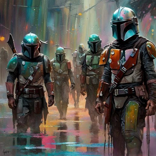 Mandalorian Warriors in Flight: Colorful Graffiti Art