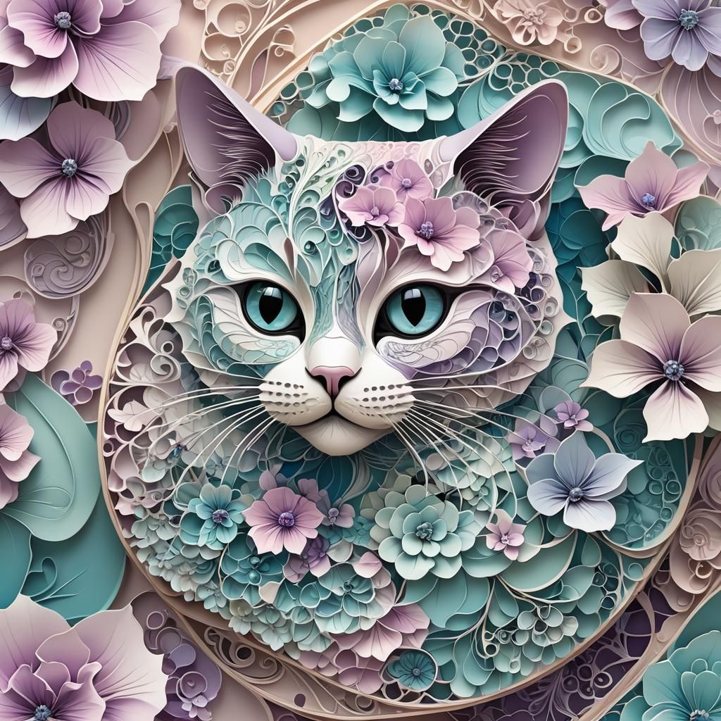 Cat Purse Fractal with Petunias and Hydrangeas