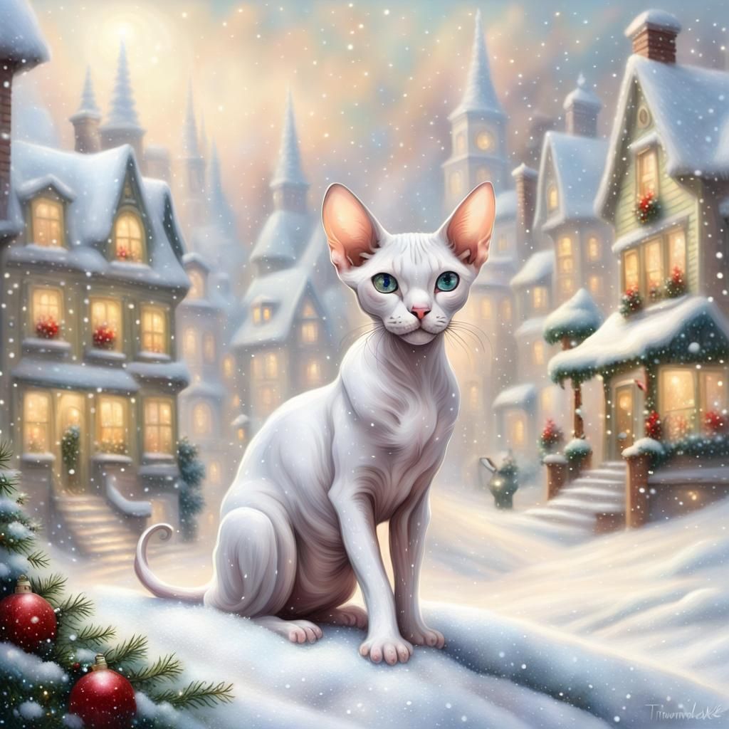 White Sphinx Cat in Snowy Christmas Village