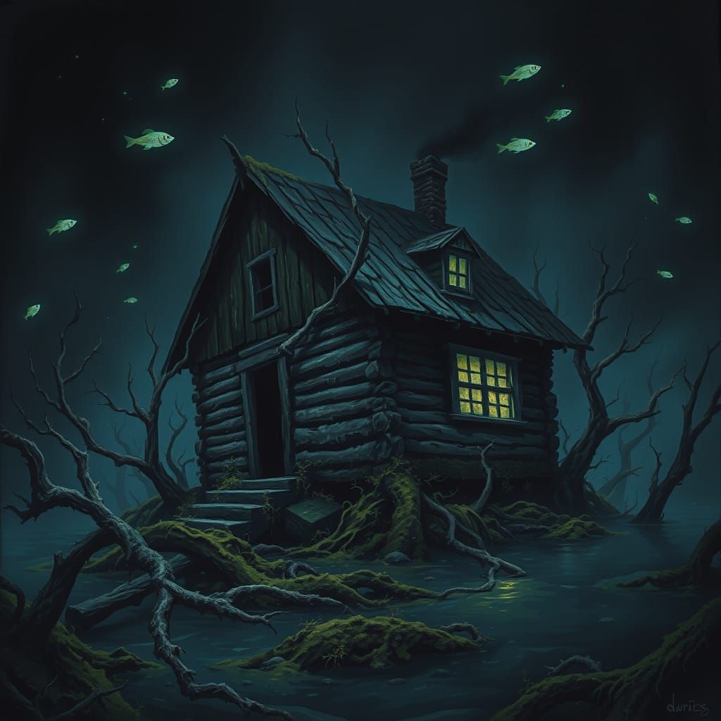 Eerie, Sunken Gothic Mansion in Dark, Murky Waters